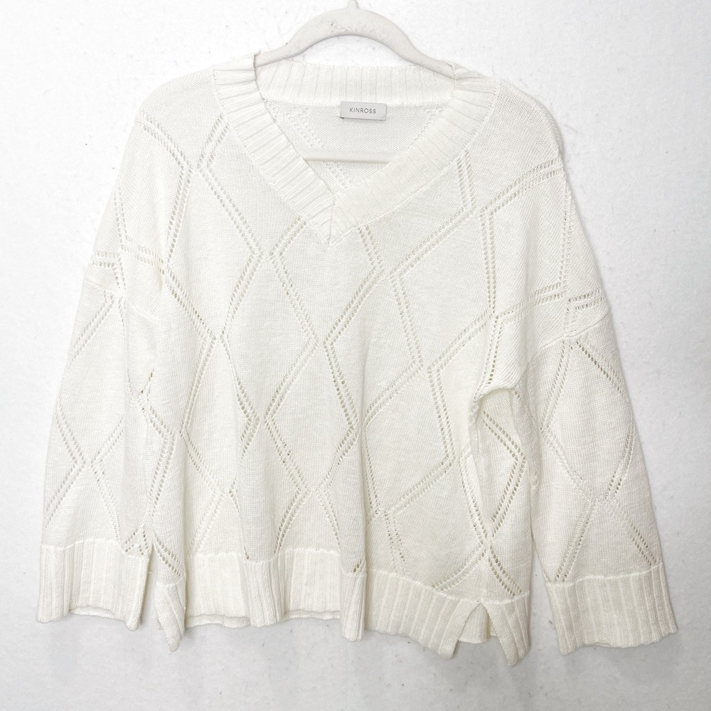 Kinross Sweater White 100% Linen Openwork Lightweight Vented Hem V-Neck